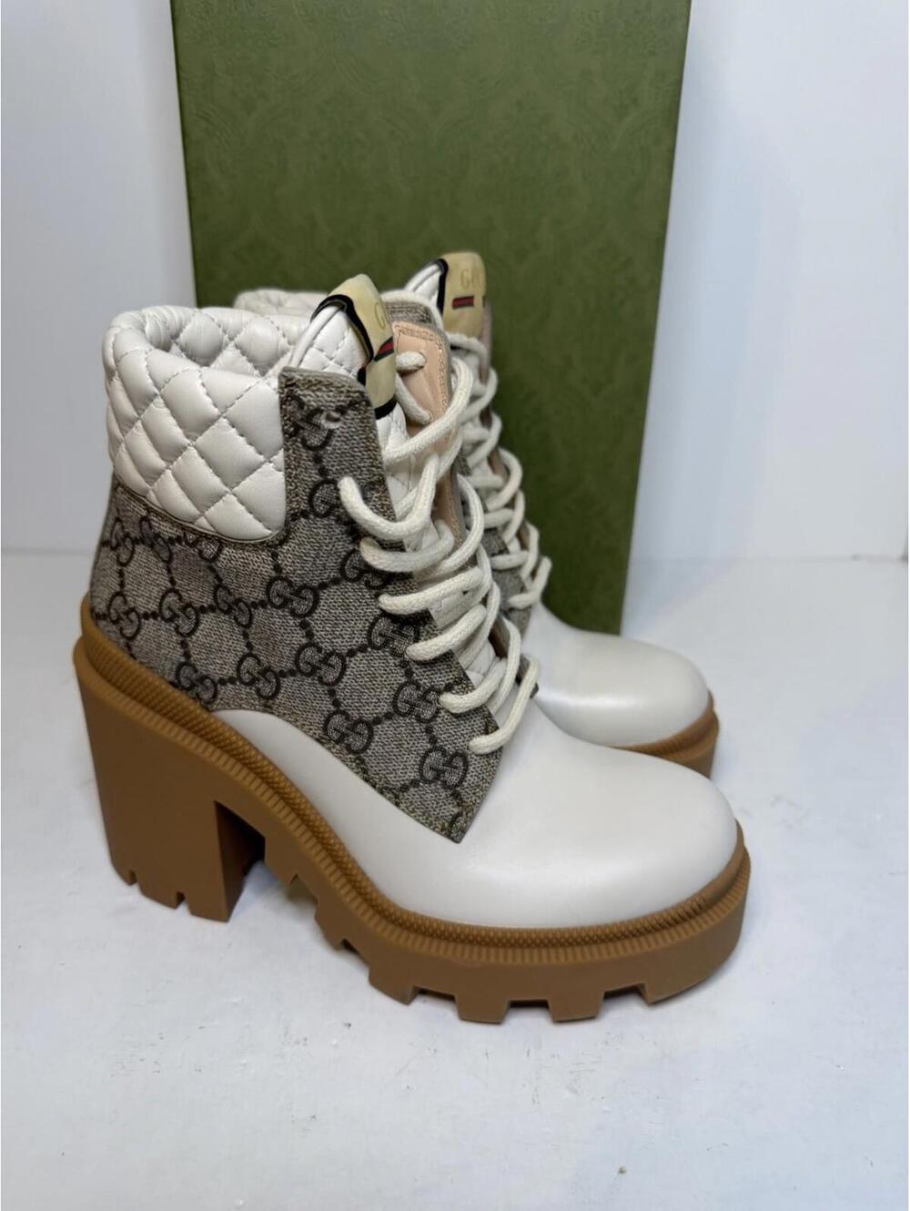 Gucci GG Canvas Lug Sole Ankle Boots Ivory Brown Women EU 34 New Box